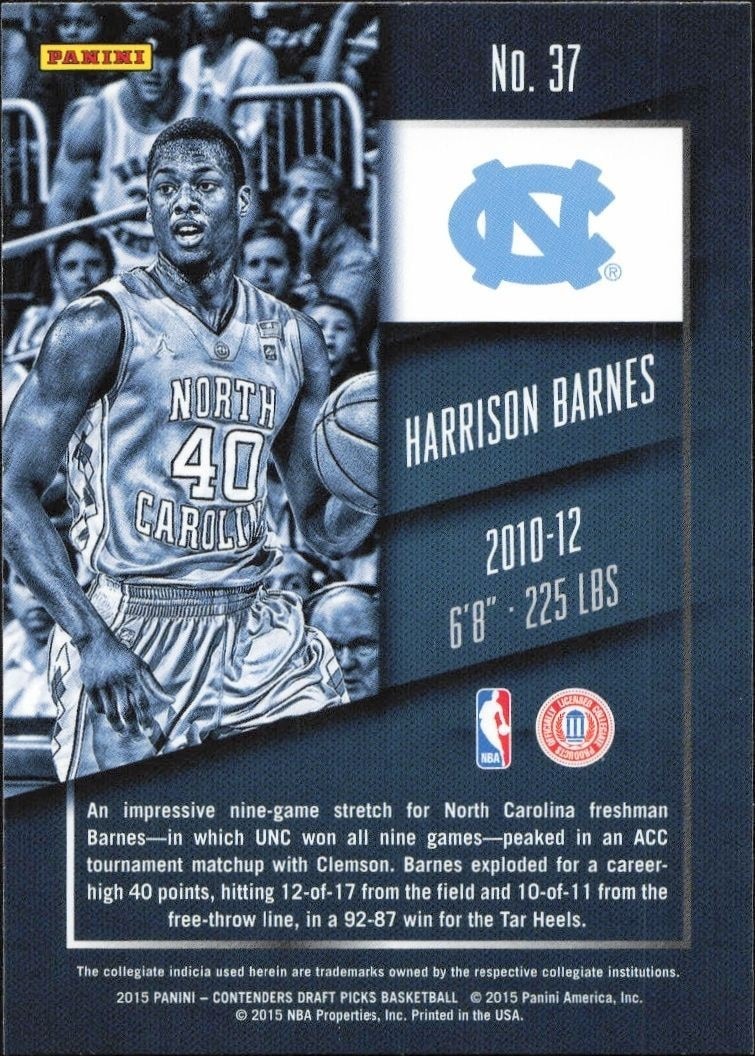 2015-16 Panini Contenders Draft Picks Harrison Barnes #37 basketball trading card back