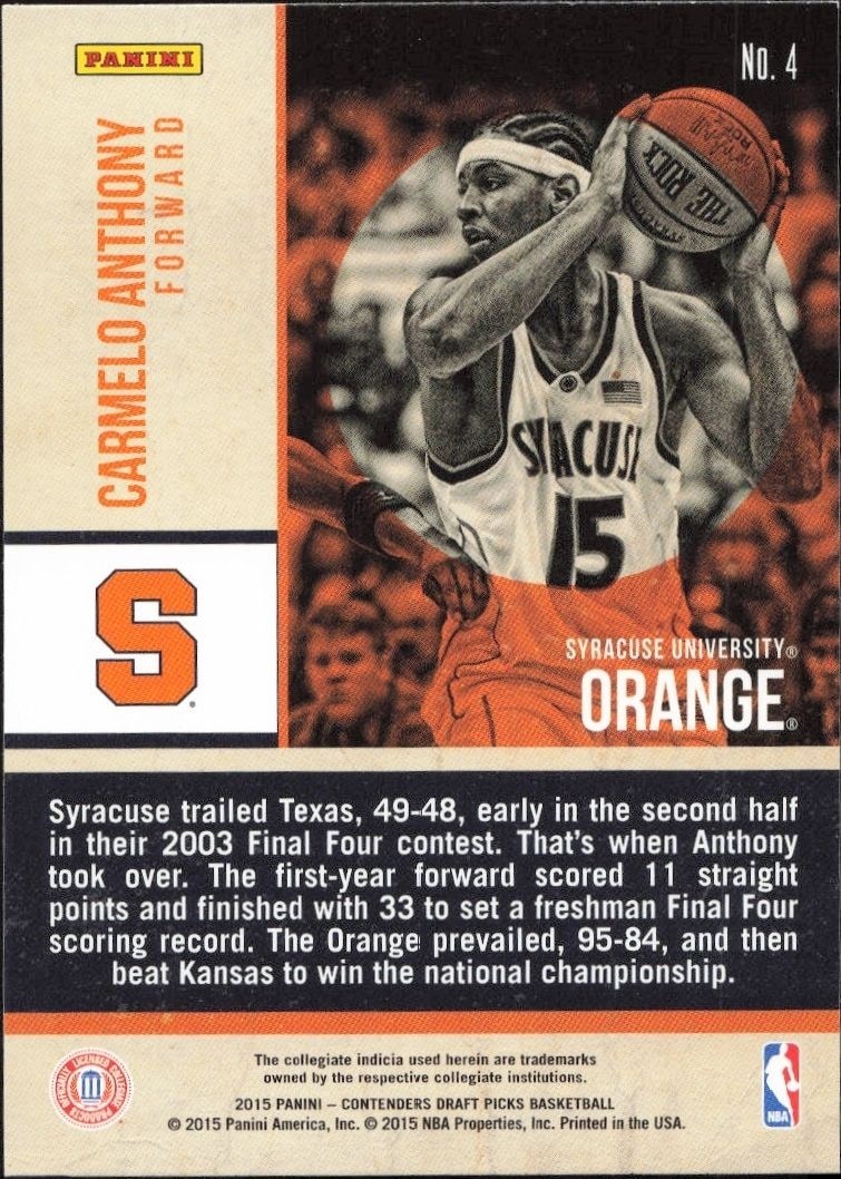 2015-16 Panini Contenders Draft Picks Carmelo Anthony #4 basketball trading card back