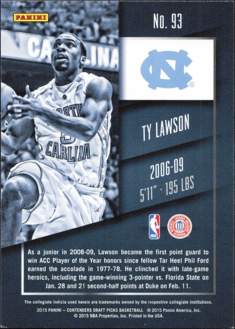 2015-16 Panini Contenders Draft Picks Ty Lawson #93 basketball trading card back