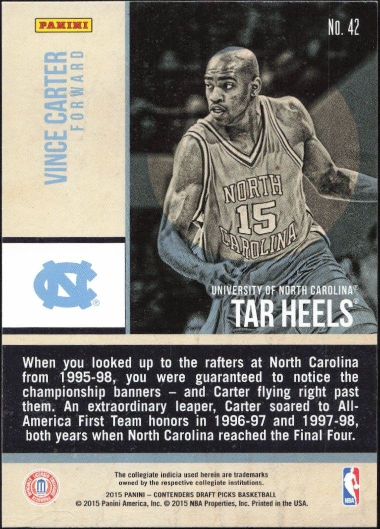 2015-16 Panini Contenders Draft Picks Vince Carter #42 basketball trading card back