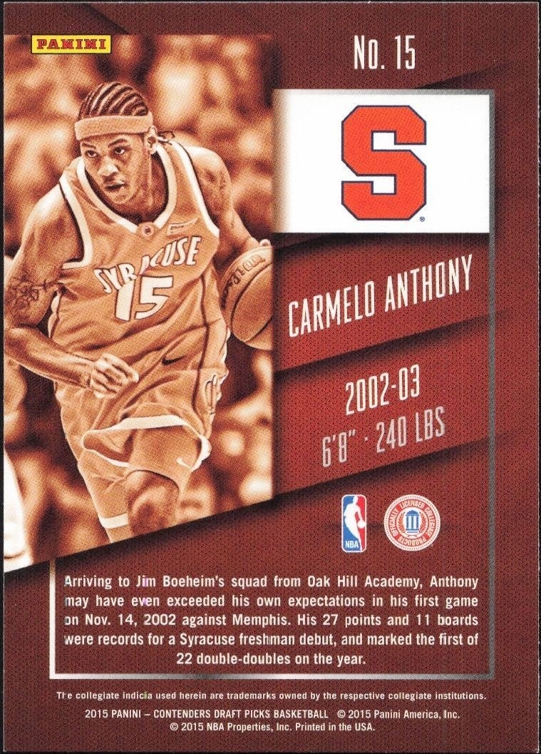2015-16 Panini Contenders Draft Picks Carmelo Anthony #15 basketball trading card back