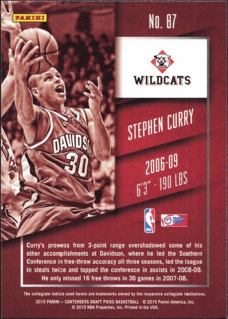 2015-16 Panini Contenders Draft Picks Stephen Curry #87 basketball trading card back