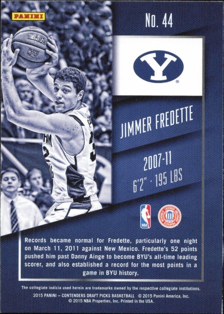 2015-16 Panini Contenders Draft Picks Jimmer Fredette #44 basketball trading card back