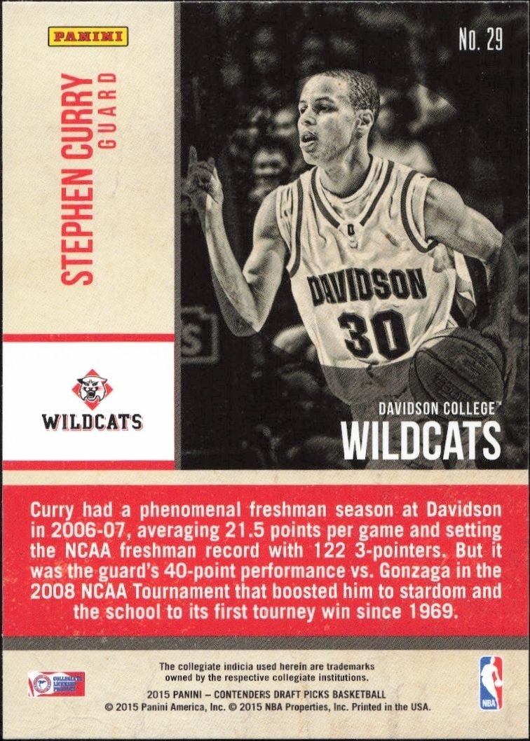 2015-16 Panini Contenders Draft Picks Stephen Curry #29 basketball trading card back
