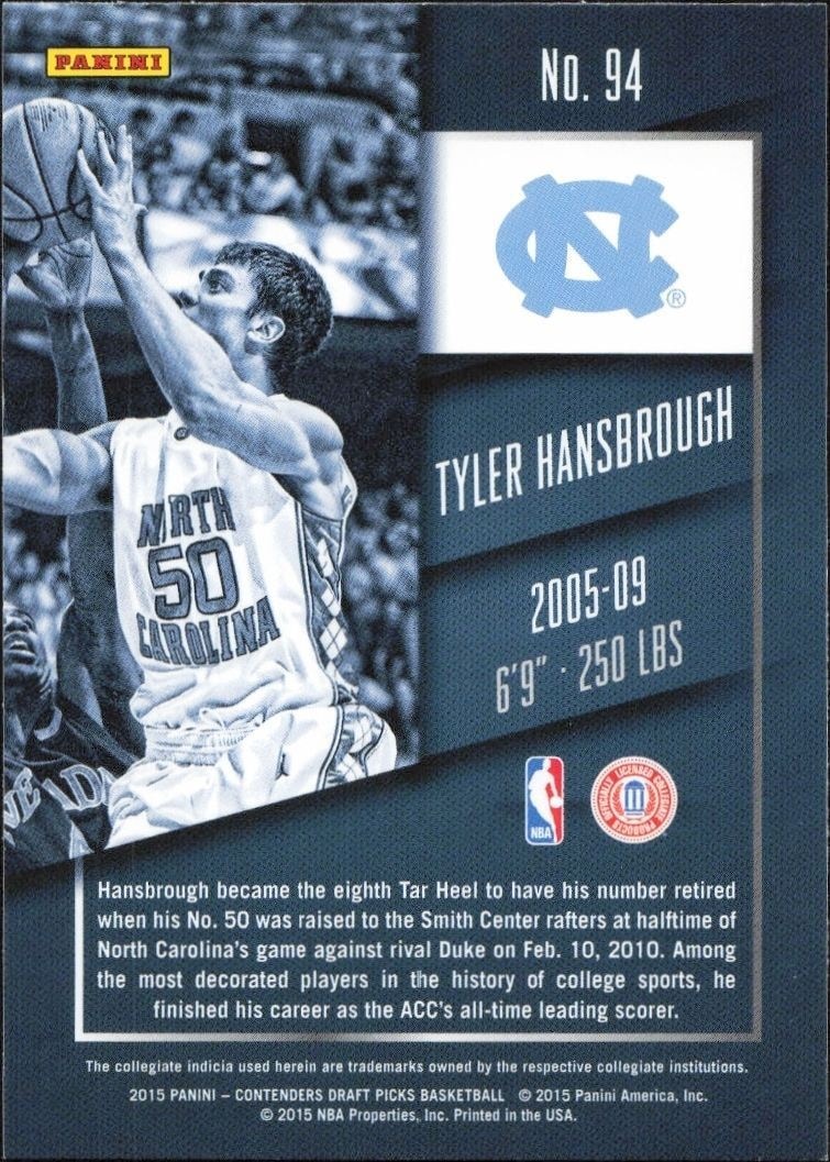 2015-16 Panini Contenders Draft Picks Tyler Hansbrough #94 basketball trading card back
