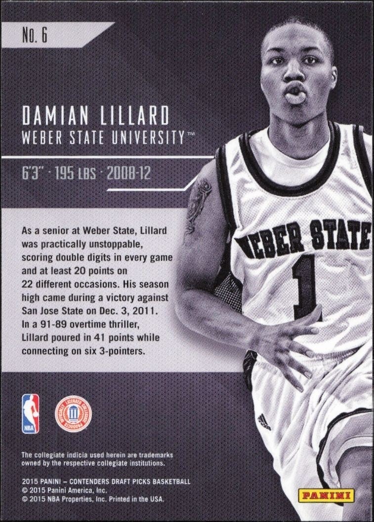 2015-16 Panini Contenders Draft Picks Damian Lillard #6 basketball trading card back