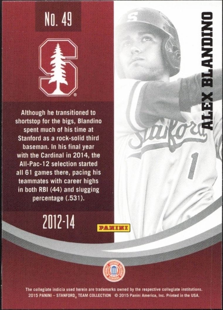 2015 Panini Stanford University Alex Blandino #49 baseball trading card back