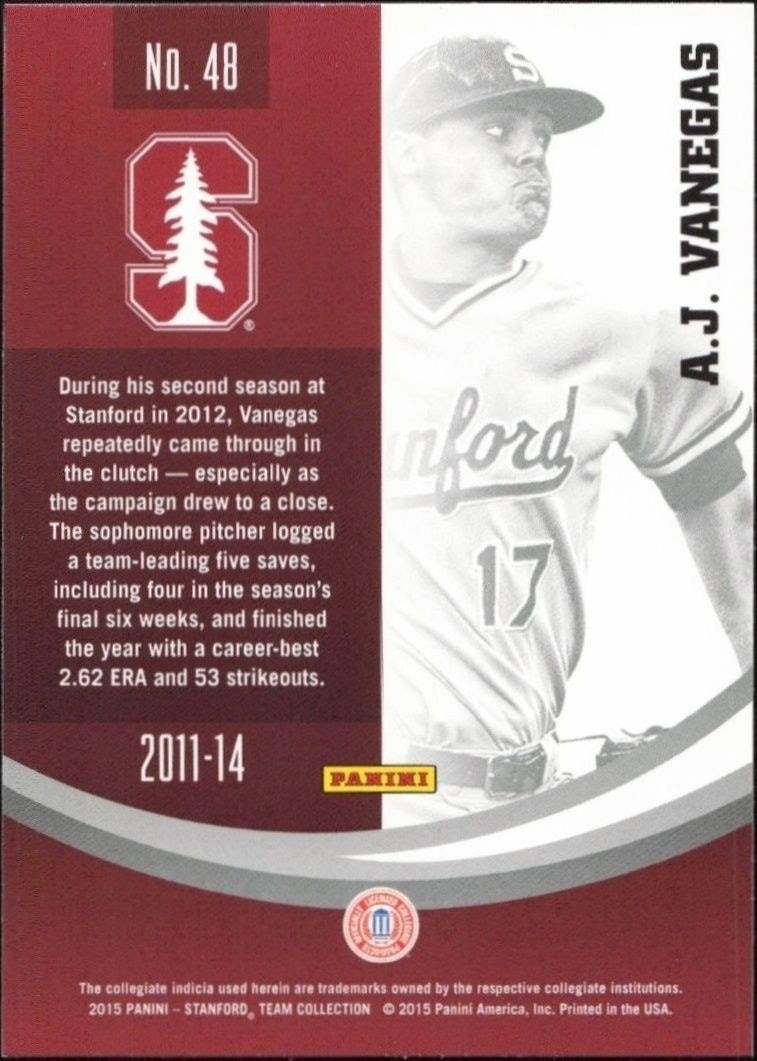 2015 Panini Stanford University A.J Vanegas #48 baseball trading card back
