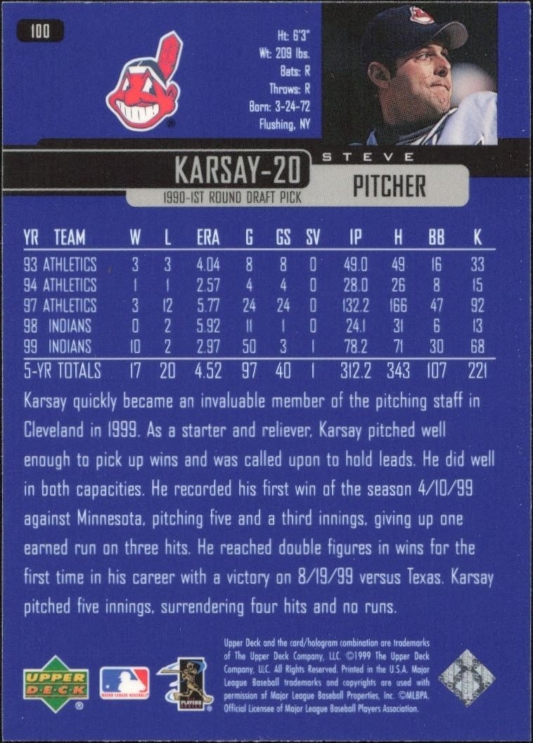 2000 Upper Deck Steve Karsay #100 baseball trading card back