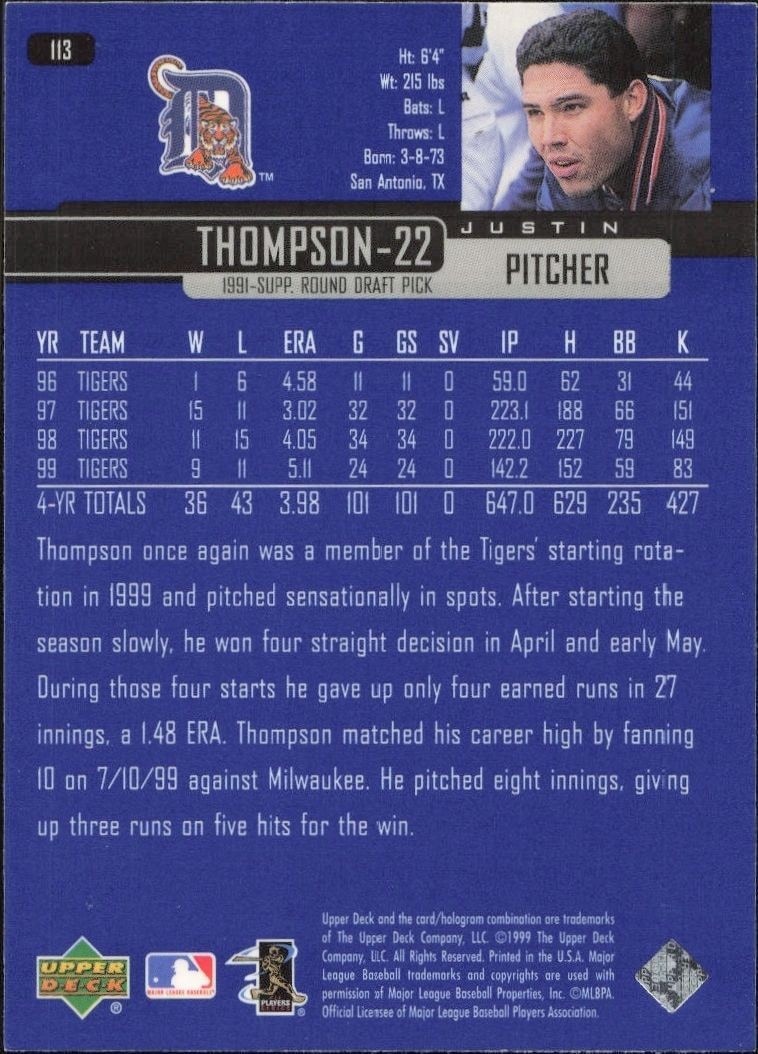 2000 Upper Deck Justin Thompson #113 baseball trading card back