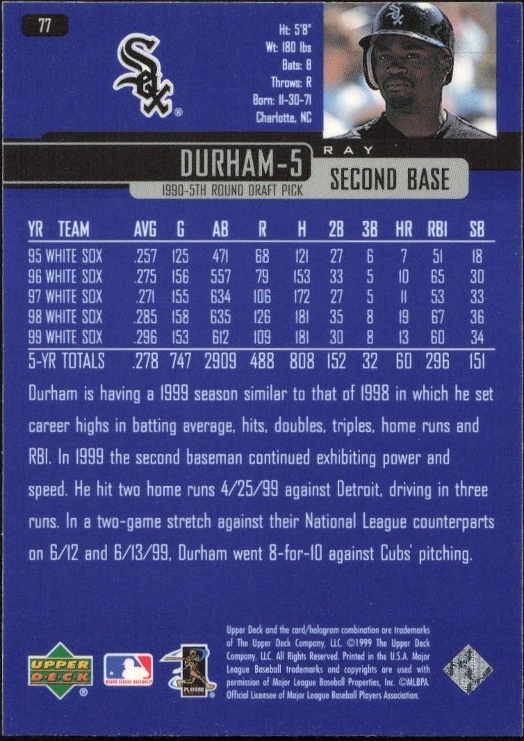 2000 Upper Deck Ray Durham #77 baseball trading card back