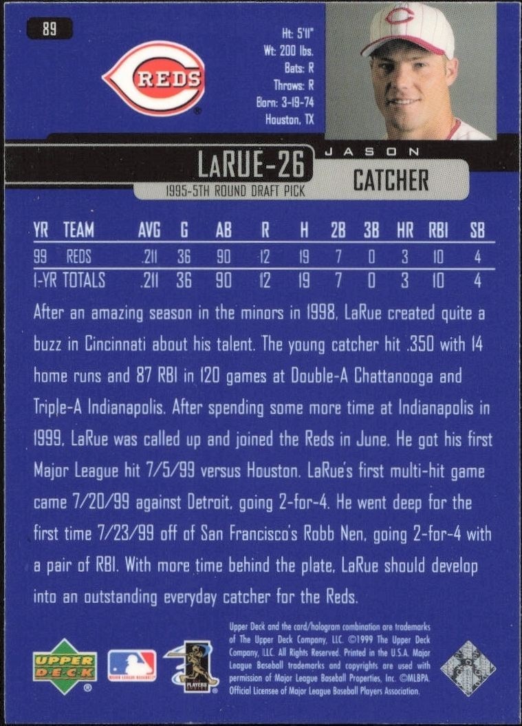 2000 Upper Deck Jason LaRue #89 baseball trading card back