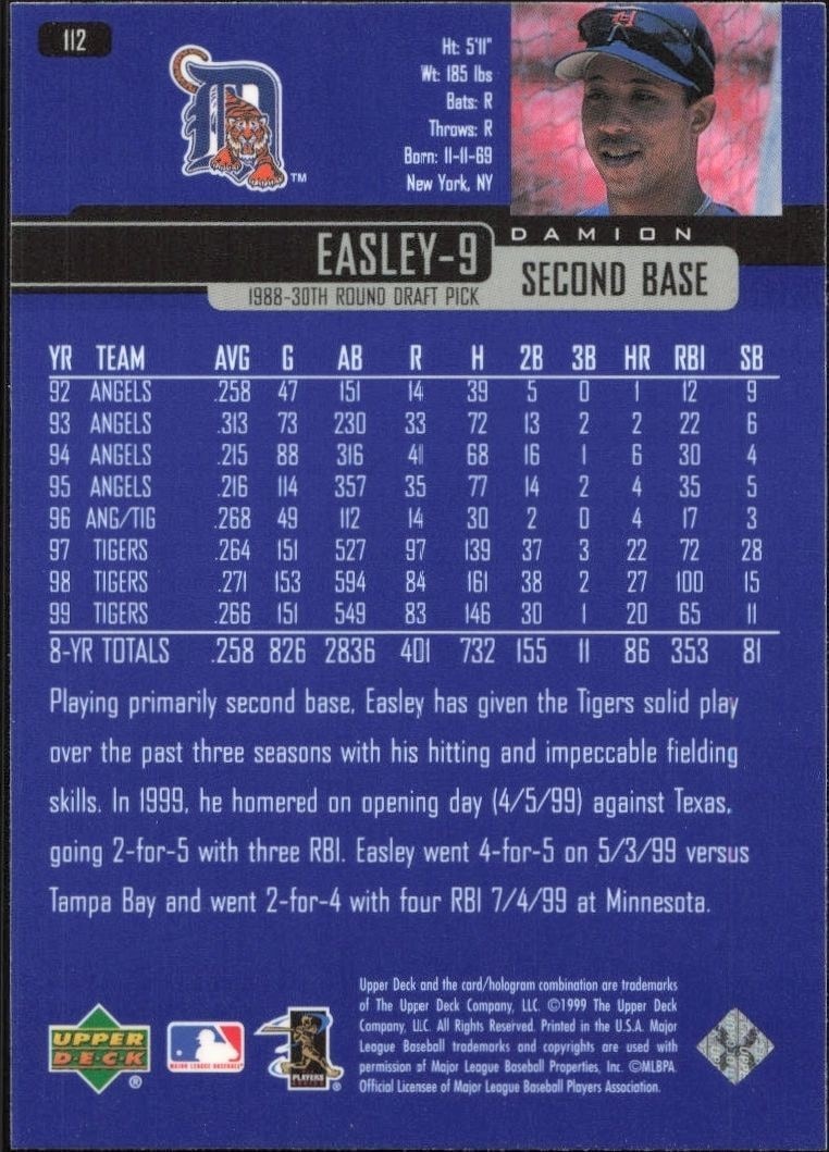 2000 Upper Deck Damion Easley #112 baseball trading card back