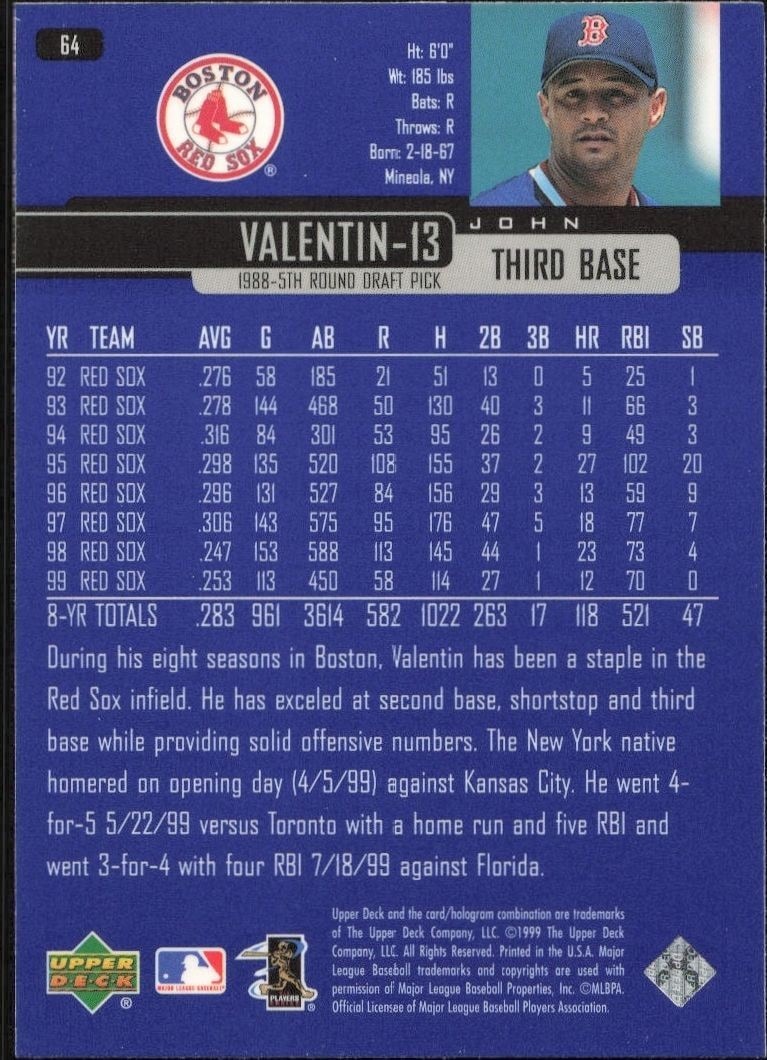 2000 Upper Deck John Valentin #64 baseball trading card back