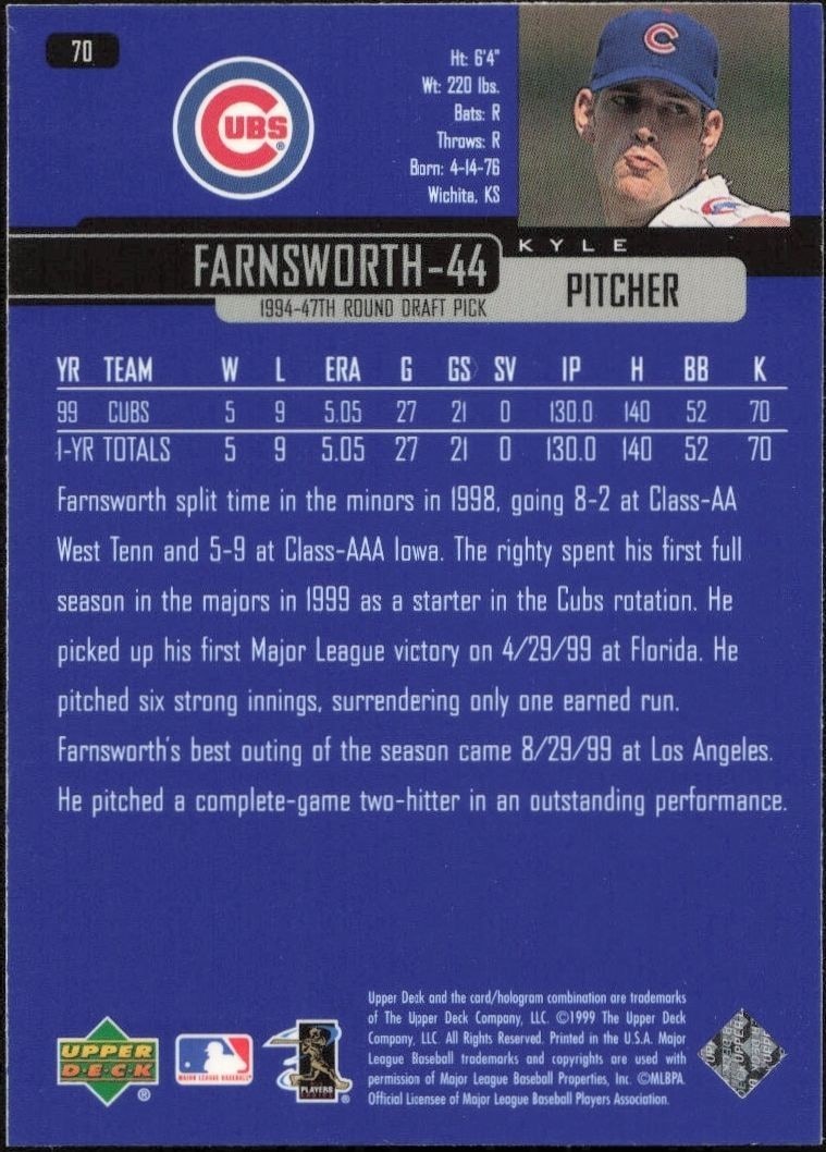 2000 Upper Deck Kyle Farnsworth #164 baseball trading card back
