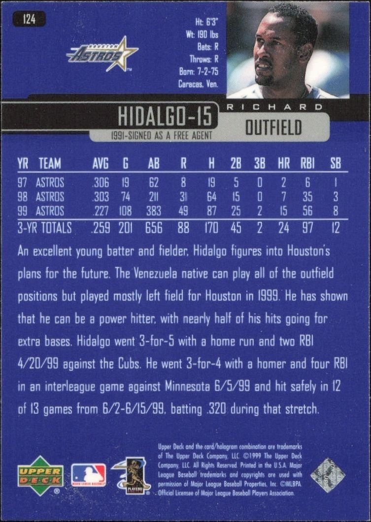 2000 Upper Deck Richard Hidalgo #124 baseball trading card back
