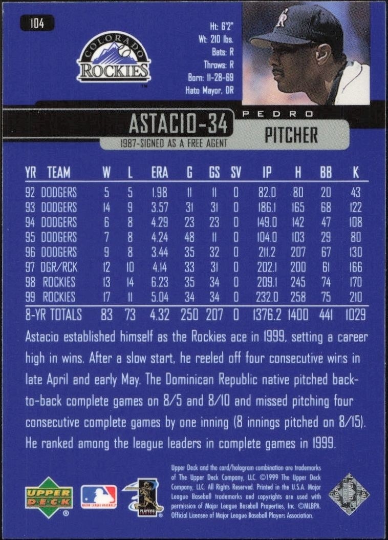 2000 Upper Deck Pedro Astacio #104 baseball trading card back