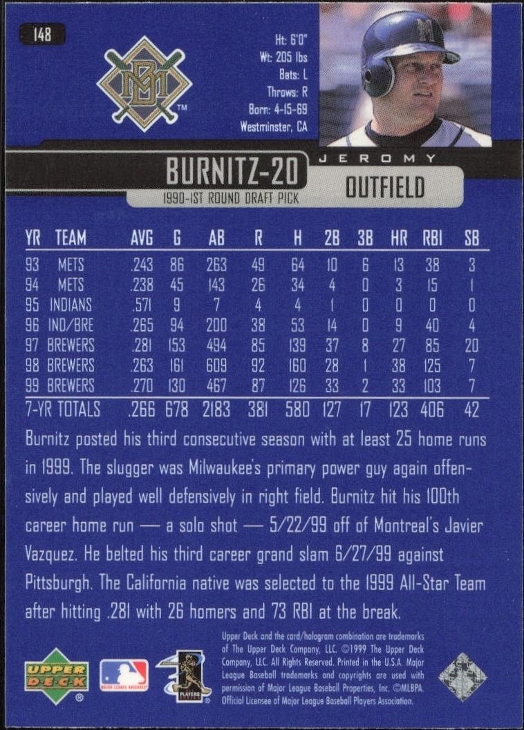 2000 Upper Deck Jeromy Burnitz #148 baseball trading card back