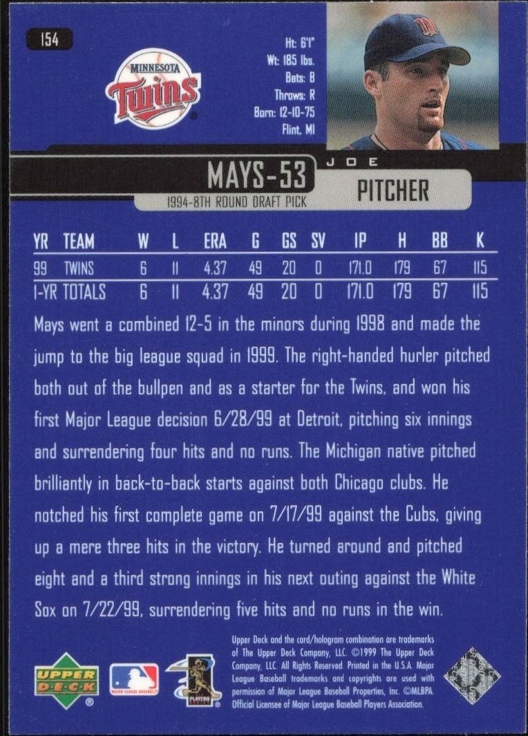 2000 Upper Deck Joe Mays #97 baseball trading card back