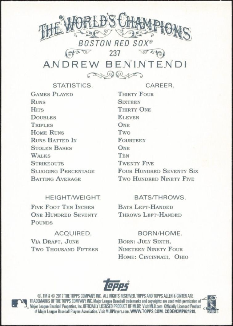 2017 Topps Allen & Ginter Andrew Benintendi #237 baseball trading card back