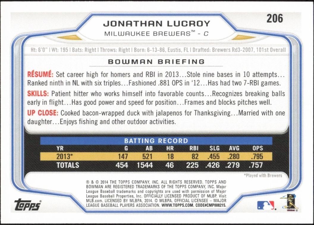 2014 Bowman Jonathan Lucroy #206 baseball trading card back