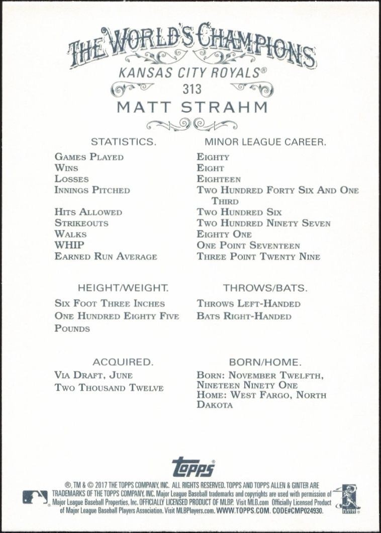 2017 Topps Allen & Ginter Matt Strahm #313 baseball trading card back