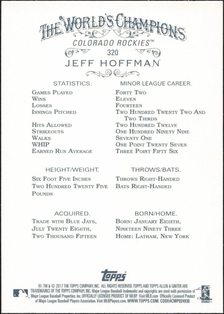2017 Topps Allen & Ginter Jeff Hoffman #320 baseball trading card back
