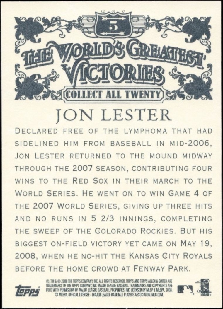 2008 Topps Allen & Ginter Jon Lester #WGV5 baseball trading card back