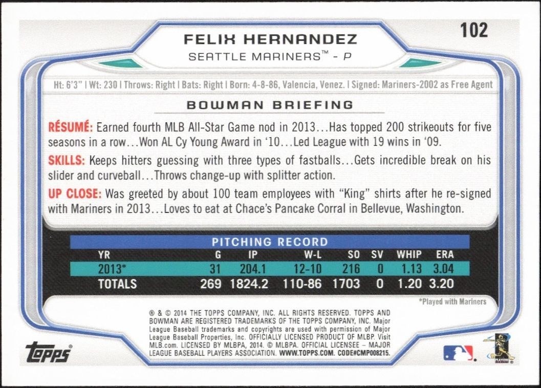 2014 Bowman Felix Hernandez #102 baseball trading card back