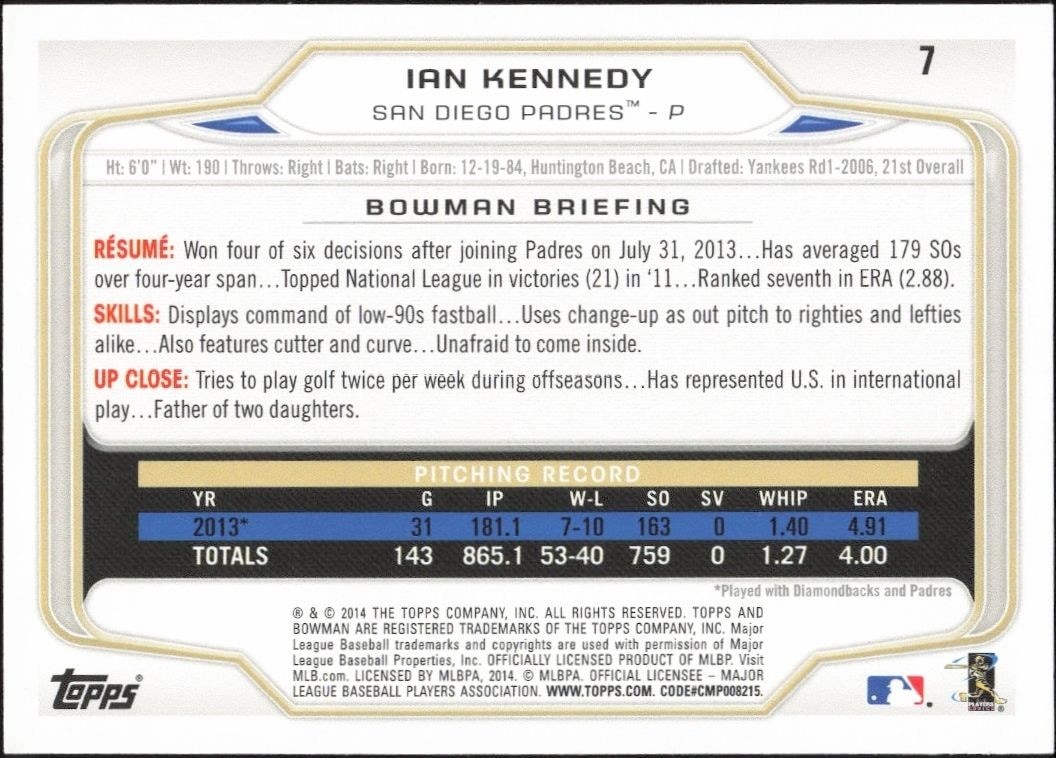 2014 Bowman Ian Kennedy #7 baseball trading card back