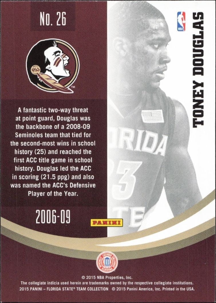 2015-16 Panini Florida State Seminoles Toney Douglas #26 basketball trading card back