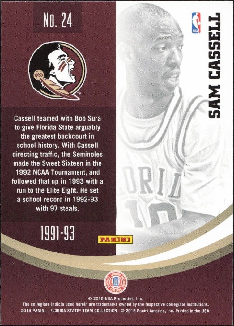 2015-16 Panini Florida State Seminoles Sam Cassell #24 basketball trading card back