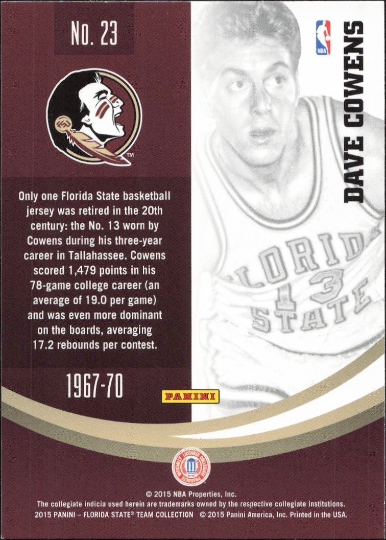 2015-16 Panini Florida State Seminoles Dave Cowens #42 basketball trading card back