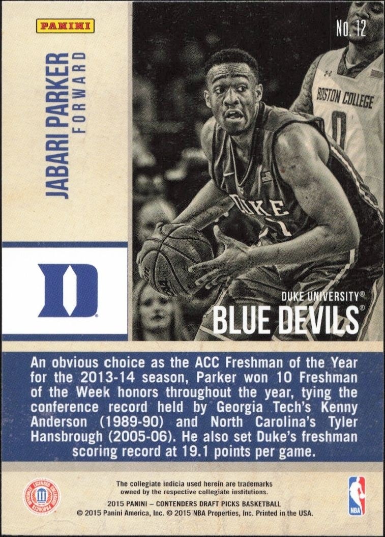2015-16 Panini Contenders Draft Picks Jabari Parker #12 basketball trading card back