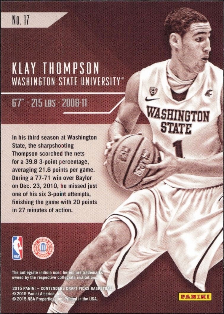 2015-16 Panini Contenders Draft Picks Klay Thompson #17 basketball trading card back