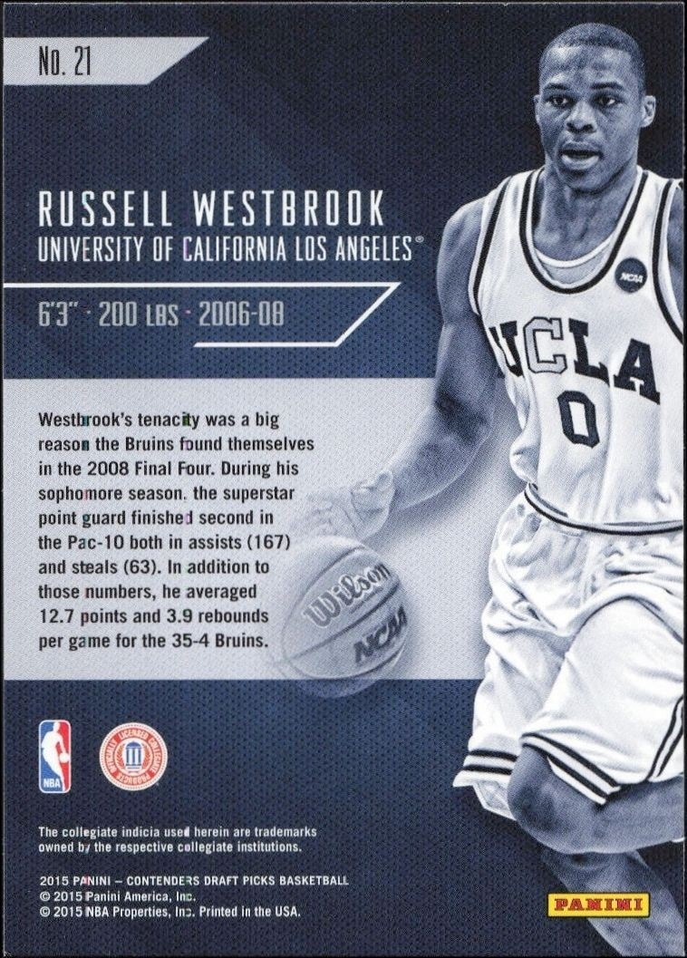 2015-16 Panini Contenders Draft Picks Russell Westbrook #21 basketball trading card back