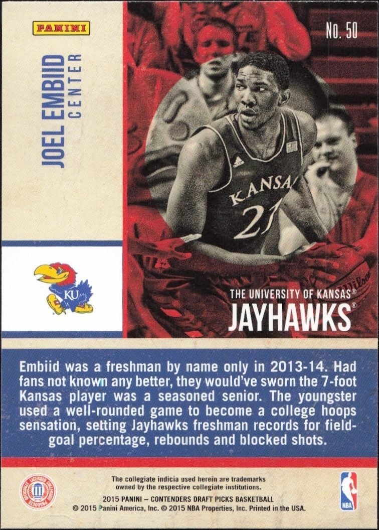 2015-16 Panini Contenders Draft Picks Joel Embiid #50 basketball trading card back
