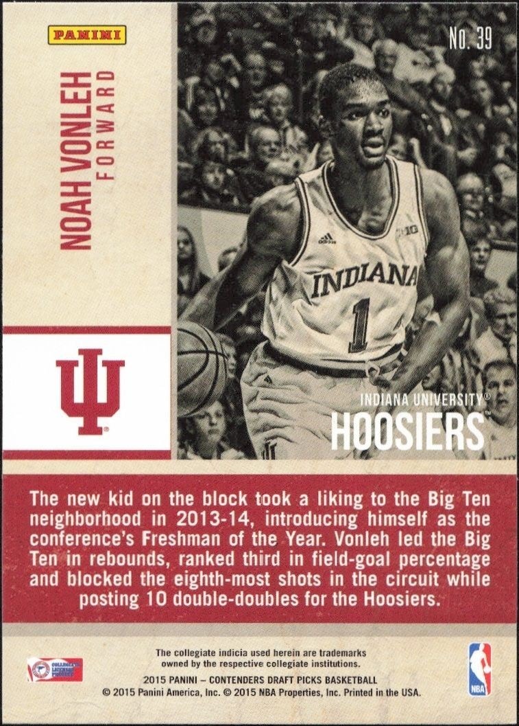 2015-16 Panini Contenders Draft Picks Noah Vonleh #39 basketball trading card back