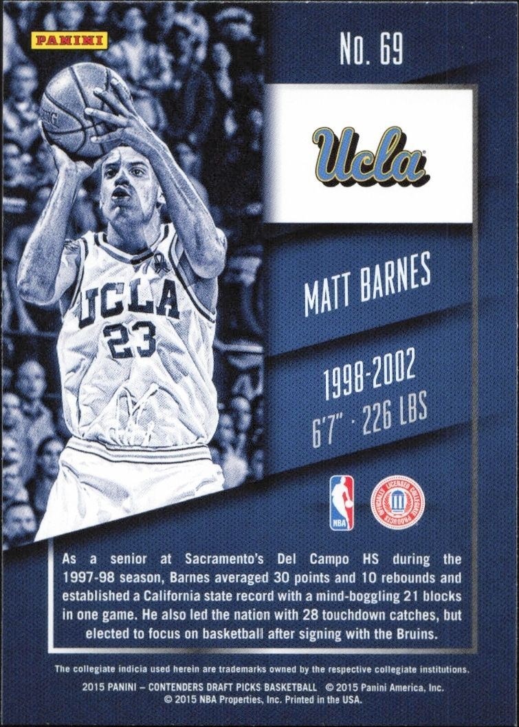 2015-16 Panini Contenders Draft Picks Matt Barnes #69 basketball trading card back