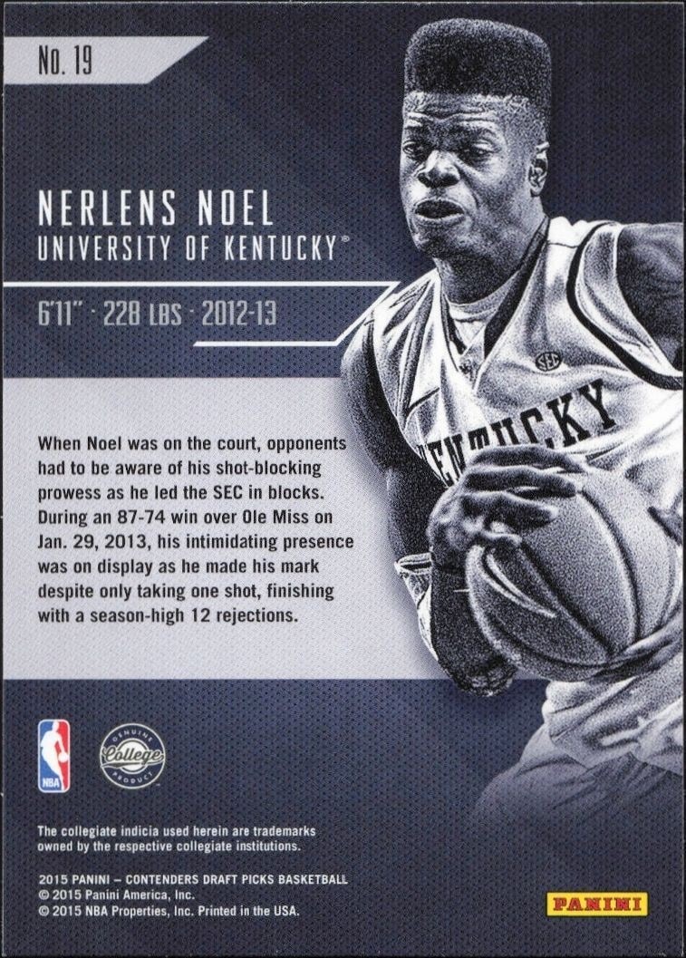 2015-16 Panini Contenders Draft Picks Nerlens Noel #19 basketball trading card back