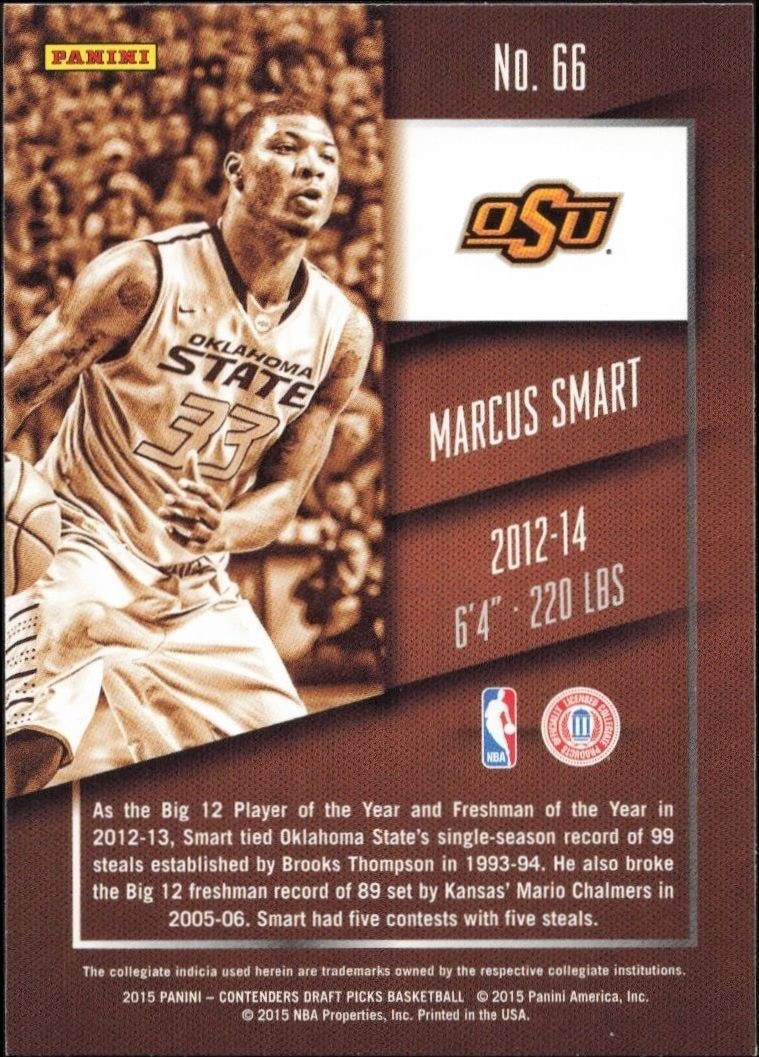 2015-16 Panini Contenders Draft Picks Marcus Smart #66 basketball trading card back