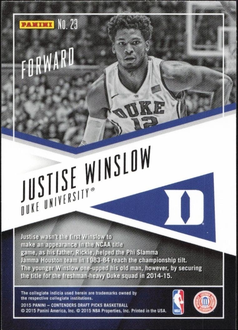 2015-16 Panini Contenders Draft Picks Justise Winslow #23 basketball trading card back