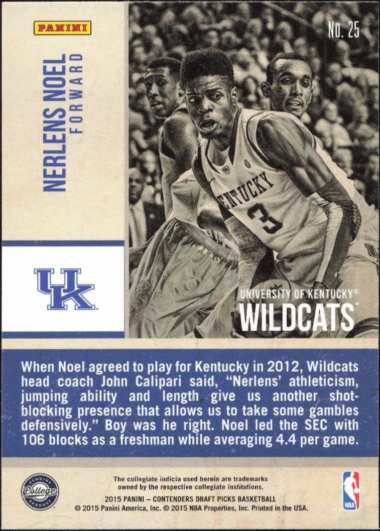 2015-16 Panini Contenders Draft Picks Nerlens Noel #25 basketball trading card back