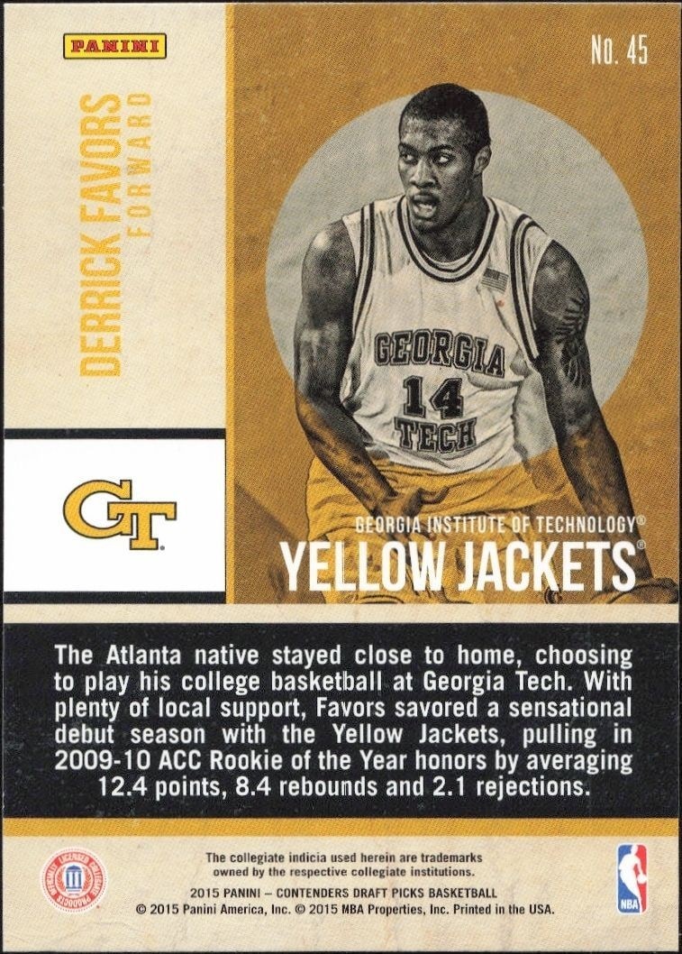 2015-16 Panini Contenders Draft Picks Derrick Favors #45 basketball trading card back