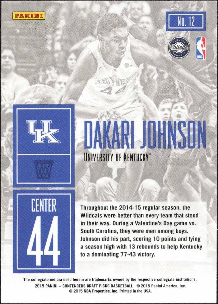 2015-16 Panini Contenders Draft Picks Dakari Johnson #12 basketball trading card back