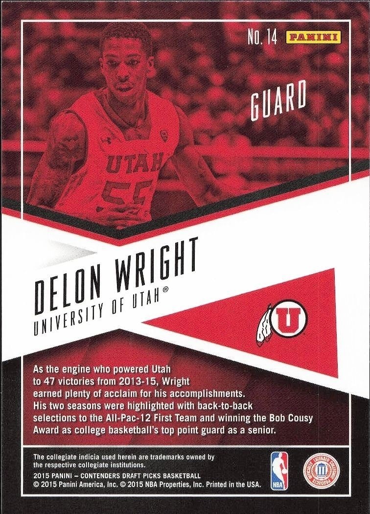 2015-16 Panini Contenders Draft Picks Delon Wright #14 basketball trading card back