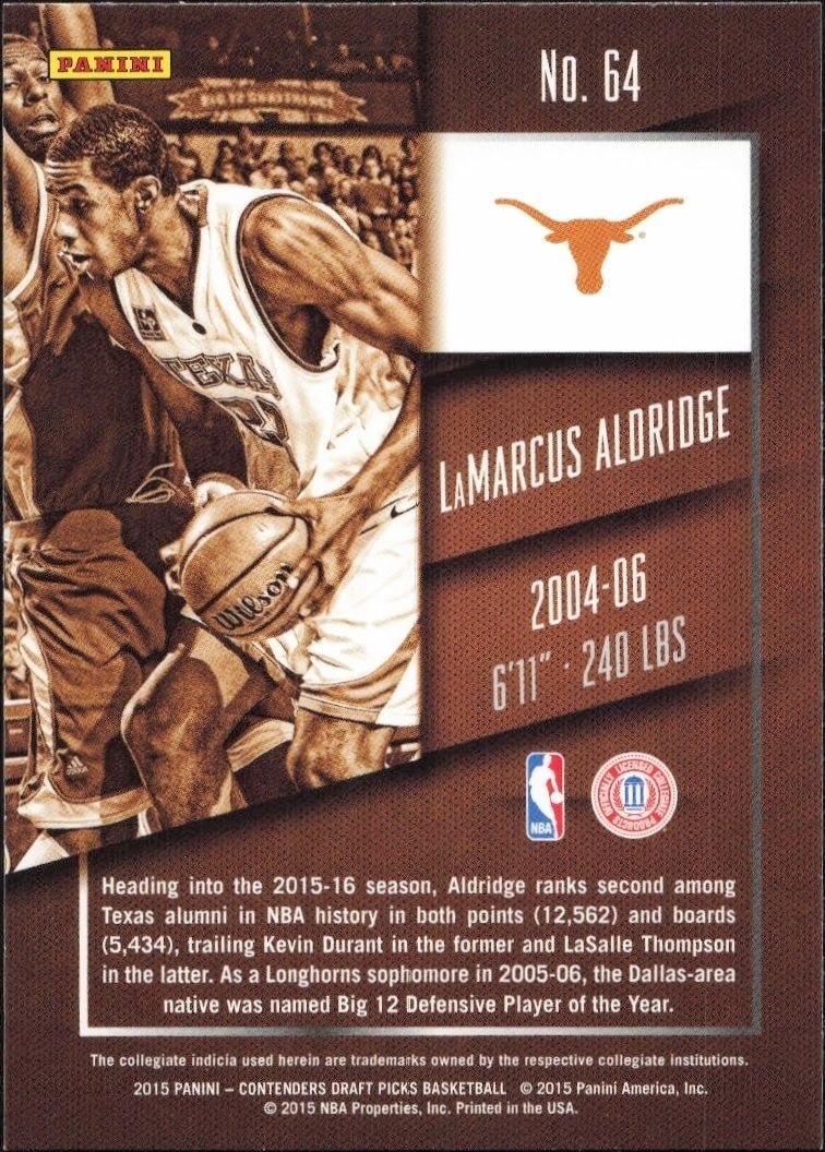 2015-16 Panini Contenders Draft Picks LaMarcus Aldridge #64 basketball trading card back