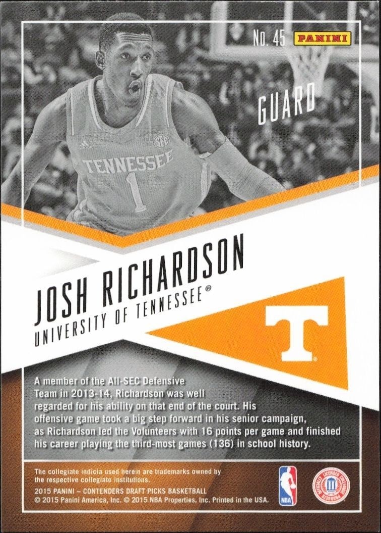 2015-16 Panini Contenders Draft Picks Josh Richardson #45 basketball trading card back