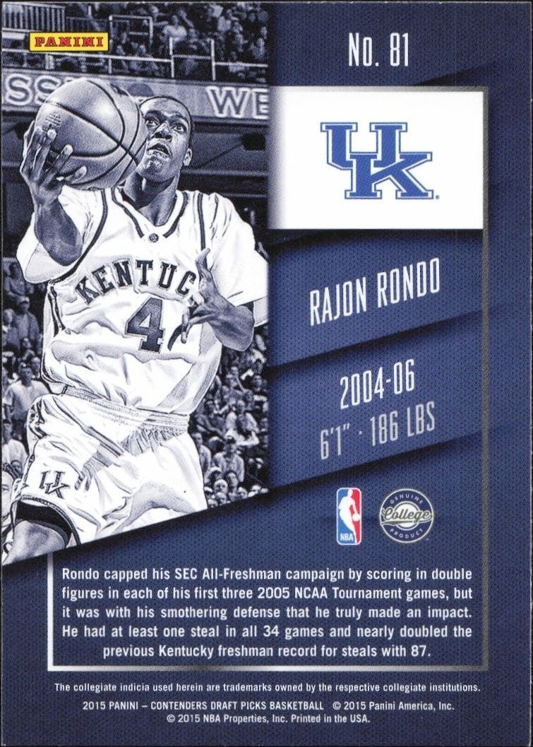 2015-16 Panini Contenders Draft Picks Rajon Rondo #81 basketball trading card back