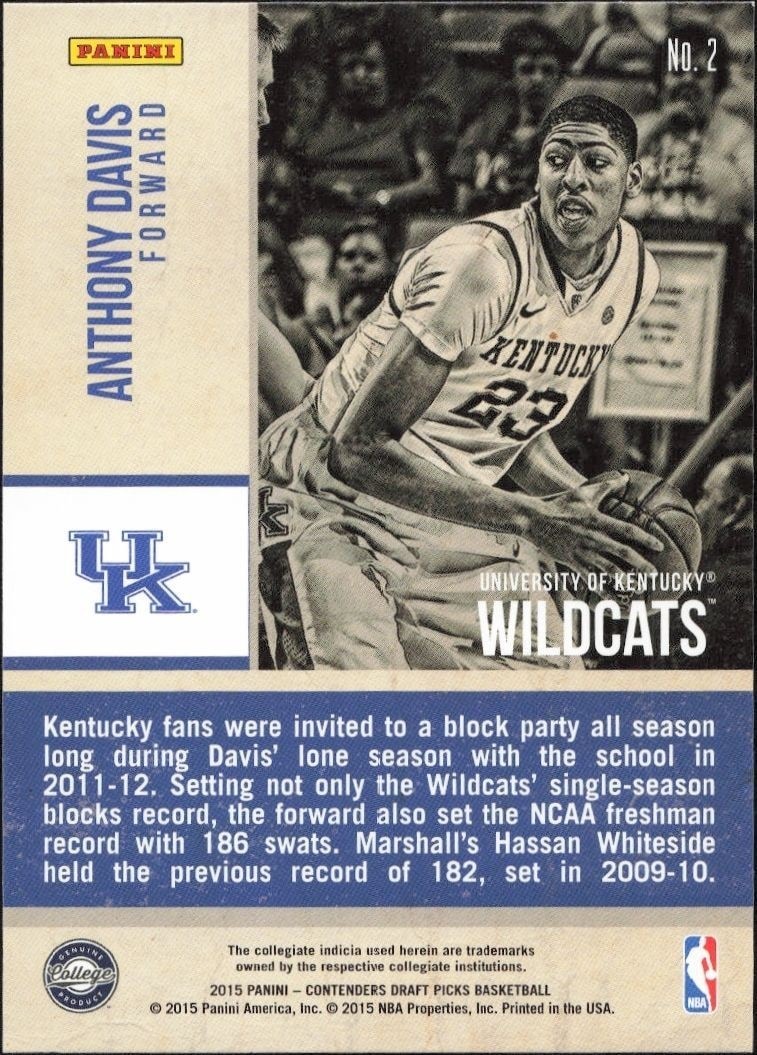 2015-16 Panini Contenders Draft Picks Anthony Davis #2 basketball trading card back